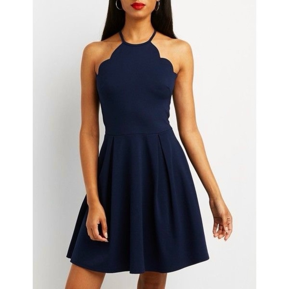 NWT Charlotte Russe Navy Blue Scalloped High-Neck Pleated Mini Dress - Medium